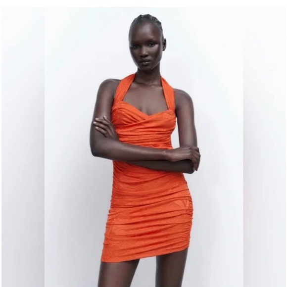 Zara Orange Rushed Dress - Picture 2 of 6